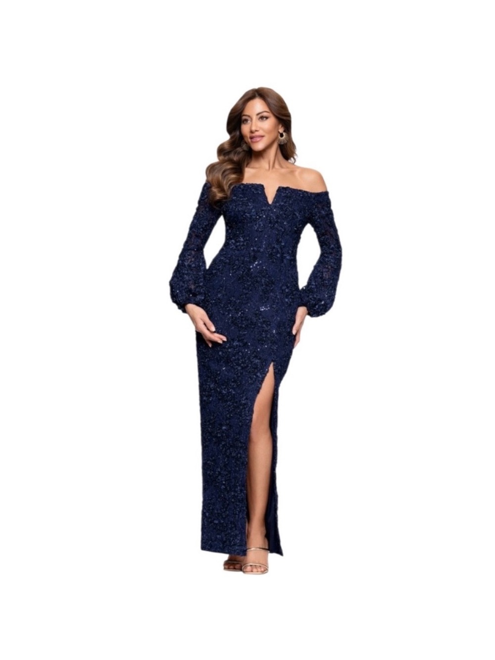 Xscape Off-Shoulder Navy Sequin Evening Gown